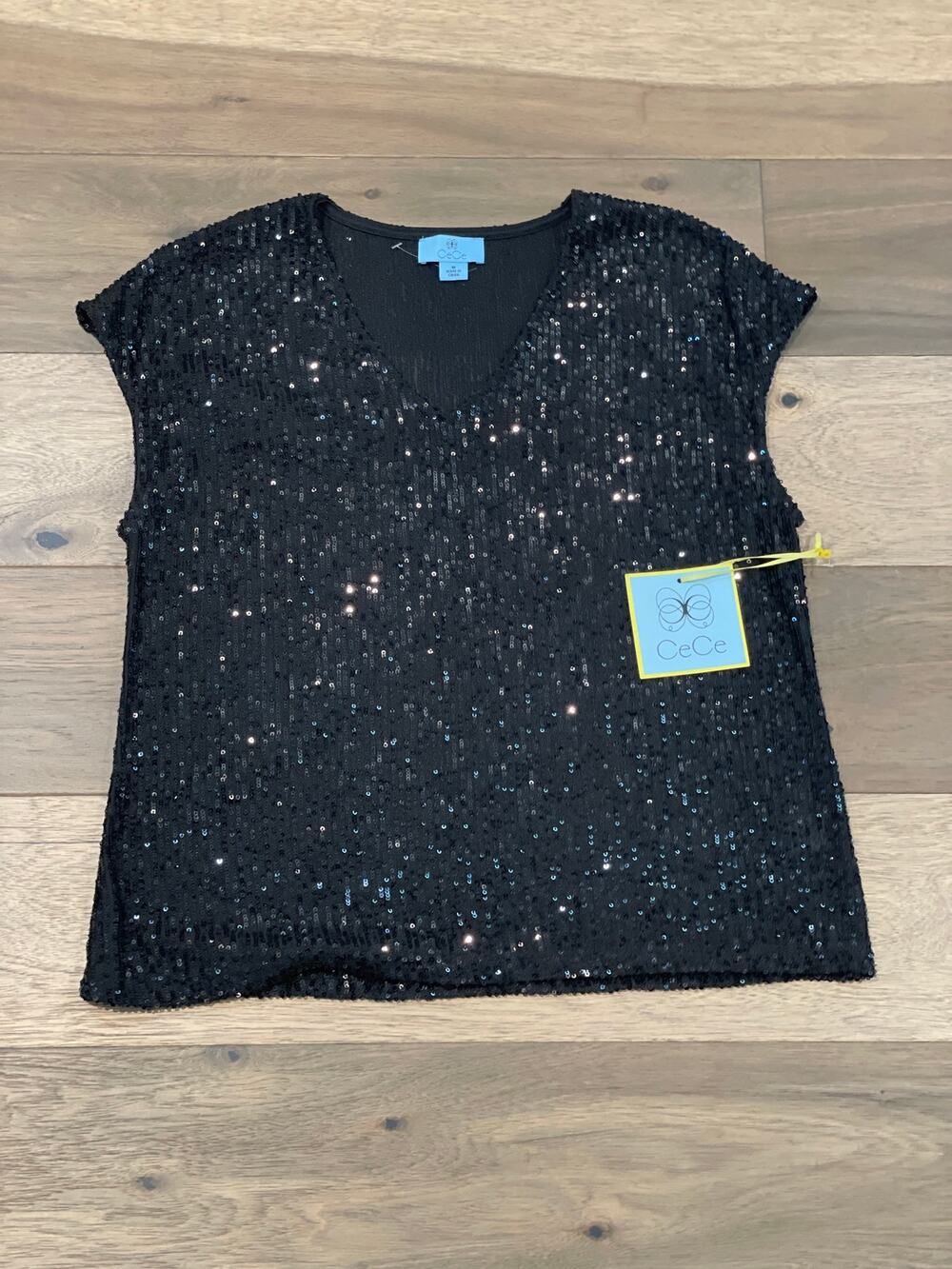 CeCe Black Sequin Cap‑Sleeve Top Size M NWT